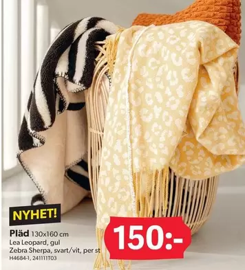 Pläd 130x160 cm Lea Leopard, gul Zebra Sherpa, svart/vit, per st
