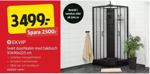 Svart duschkabin med takdusch 90x90x225 cm
