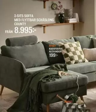 3-SITS SOFFA MED FLYTTBAR SCHASLONG COUNTY