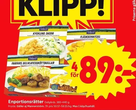 KYCKLING JACOB, FLASKSCHNITZEL, FARFARS DELIKATESSKÖTTBULLAR