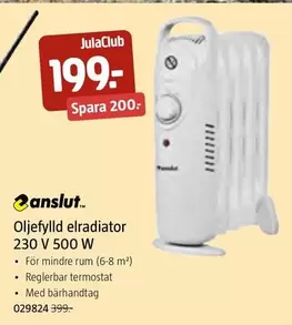 Oljefylld elradiator 230 V 500 W