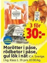 Morötter i påse, rödbetor i påse, gul lök i nät