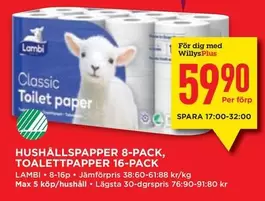 Lambi - HUSHÅLLSPAPPER 8-PACK, TOALETTPAPPER 16-PACK