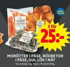 MORÖTTER I PÅSE, RÖDBETOR I PÅSE, GUL LÖK I NÄT