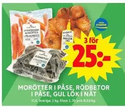 MORÖTTER I PÅSE, RÖDBETOR I PASE, GUL LÖK I NÄT