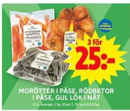 MORÖTTER I PÅSE, RÖDBETOR I PÅSE, GUL LÖKI NÄT