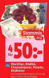 Morötter, Rödlök, Champinjoner, Potatis, Rödbetor