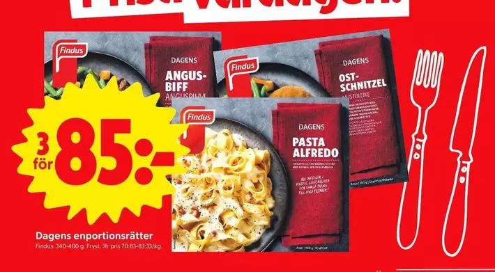 Findus - ANGUS-BIFF, PASTA ALFREDO, OST-SCHNITZEL