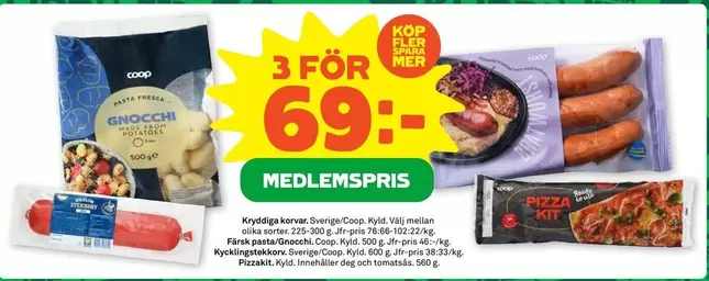 Coop - Kryddiga korvar, Färsk pasta/Gnocchi, Kycklingsnacks, Pizzakit
