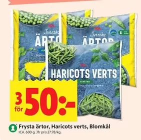 Frysta ärtor, Haricots verts, Blomkål