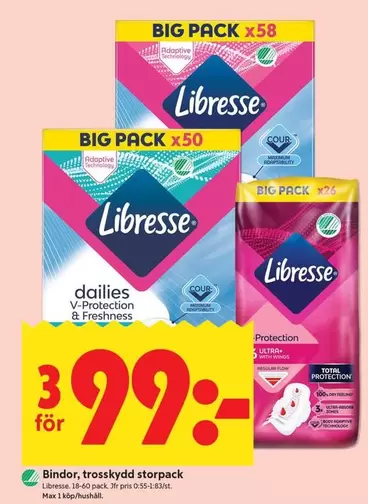 Libresse - Bindor, trosskydd storpack