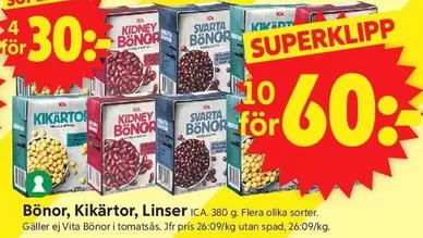 Bönor, Kikärtor, Linser