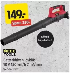 Meec Tools - Batteridriven lövblås 18 V 150 km/h 7 m³/min 027050