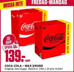 coca-cola - MAX 3/KUND Original, Zero Sugar. 30x33cl