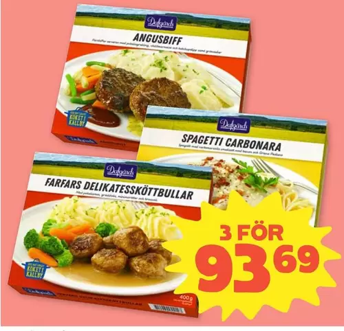 Delikatessköttbullar, Spagetti Carbonara, Angusbiff