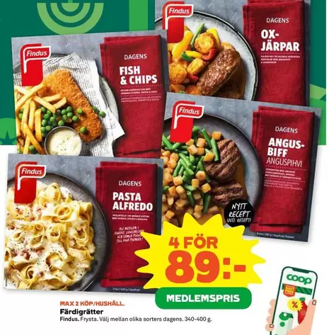 Findus - Fish & Chips, Pasta Alfredo, Ox-Järpar, Angus-Biff