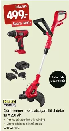 Meec Tools - Grästrimmer + skruvdragare Kit 4 delar 18 V 2,0 Ah
