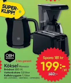 OBH Nordica - Kökse Monaco Brödrost 850 W, Vattenkokare 0,8 liter Kaffebryggare 1,1 liter