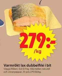 Varmrökt lax dubbelfilé i bit