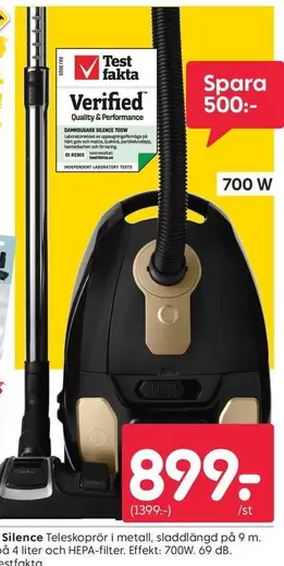 Silence Teleskoprör i metall, sladdlängd på 9 m, på 4 liter och HEPA-filter.