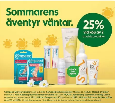 Compeed Skavsårsplåster Small, Compeed Skavsårsplåster Medium, Compeed Skavsårsplåster Large, Compeed Skavsårsplåster X-Large, Apolosophy Dry Shampoo Invisible, Apolosophy Scented Body Lotion Grapefruit and Mango, Hjärtats Solkskräm spf 50, Hjärtats Solks