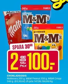 Maltesers, M&M Peanut, M&M Crispy