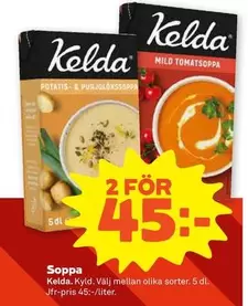Kelda - Potatis- & purjolökssoppa, Mild tomatsoppa