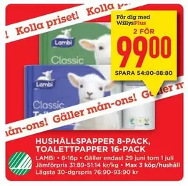 Lambi - HUSHÅLLSPAPPER 8-PACK, TOALETTPAPPER 16-PACK