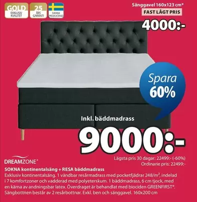 SOKNA kontinentalsäng + RESA bäddmadrass