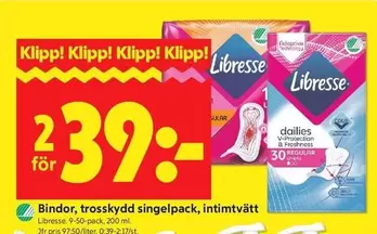 Libresse - Bindor, trosskydd singelpack, intimtvätt