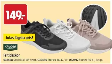 Fritidsskor 032468 Storlek 36-47, Svart. 032480 Storlek 36-47, Vit. 032492 Storlek 36-41, Beige.