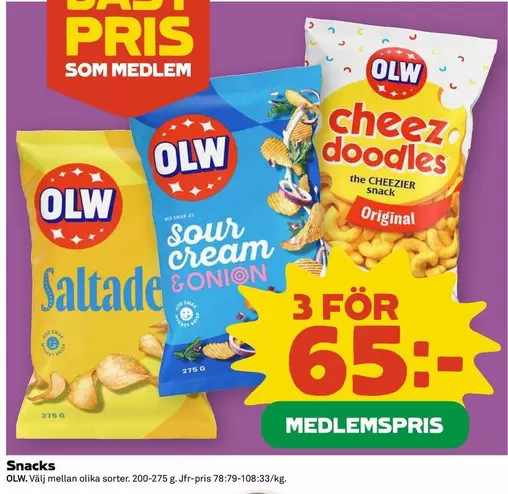 OLW - Saltade, Sour Cream & Onion, Cheez doodles