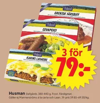 Dafgård - Grekisk färsbiff, Cevapcici, Karins Lasagne