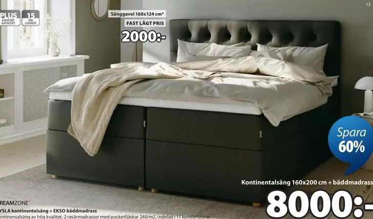 Kontinentalsäng 160x200 cm + bäddmadrass