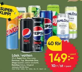 zingo - Pepsi Max, Max Lime, Pommac, 7up, Mountain Dew, Zingo Apelsin, Citrus, Ramlosa