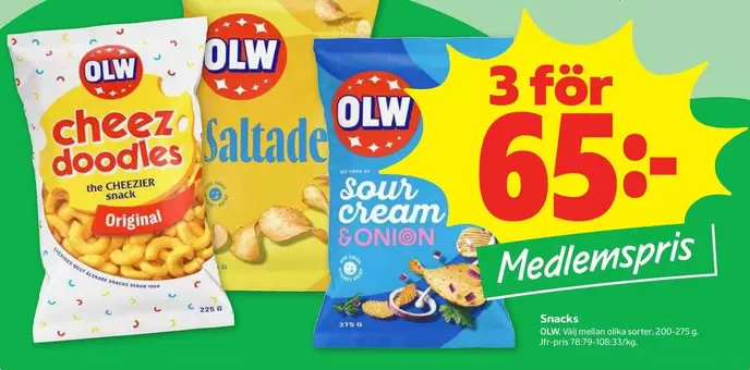 OLW - Cheez doodles, Saltade, Sour cream & Onion