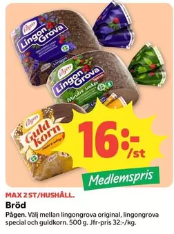 Pågen - Lingongrova original, lingongrova special och guld.korn