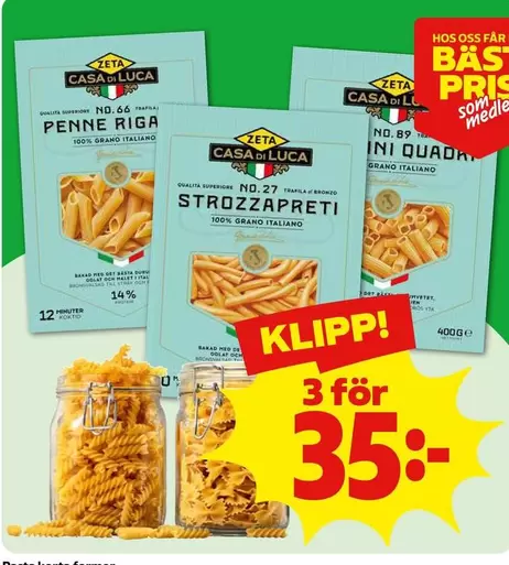 Zeta - Penne Rigate No. 66, Strozzapreti No. 27, Fusilli No. 21, Mini Quadrati No. 89