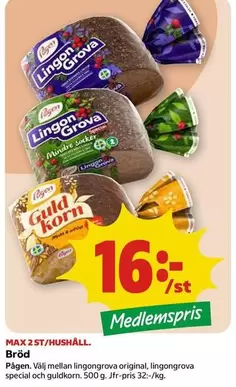 Pågen - Lingon Grova original, lingon grova special och guldkorn