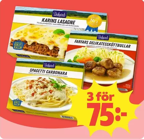 KARINS LASAGNE, FARFARS DELIKATESSKÖTTBULLAR, SPAGHETTI CARBONARA