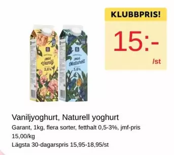 Garant - Vaniljyoghurt, Naturell yoghurt