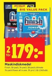 Finish - Maskindiskmedel 58-pack ultimate, 76-pack Power all in one