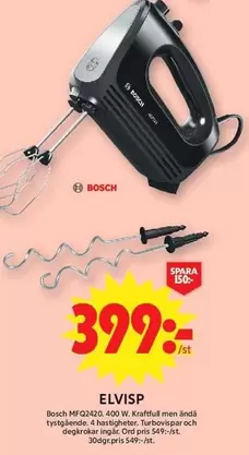 Bosch - MFQ2420, 400 W. Kraftfull men ändå tystgående. 4 hastigheter. Turbovispar och degkrokar ingår.