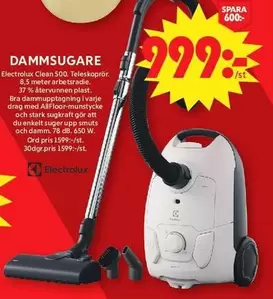Electrolux - DAMMSUGARE Clean 500. Teleskoprör. 8,5 meter arbetsradie. 37 % återvunnen plast. Bra dammupptagning i varje drag med AllFloor-munstycke och stark sugkraft gör att du enkelt suger upp smuts och damm. 78 dB, 650 W.