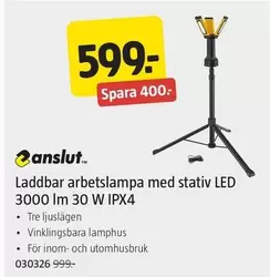 Laddbar arbetslampa med stativ LED 3000 lm 30 W IPX4