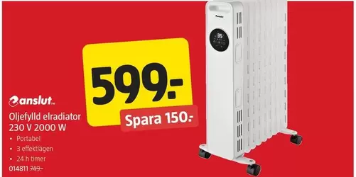 Oljefylld elradiator 230 V 2000 W