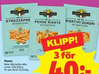 Zeta - Strozzapre Pasta, Penne Rigat, Rigatoni Quadri