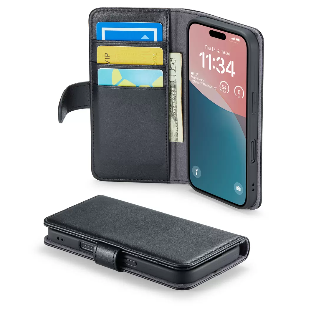 Mobique -iPhone 16 Plånboksfodral i Äkta Läder, svart