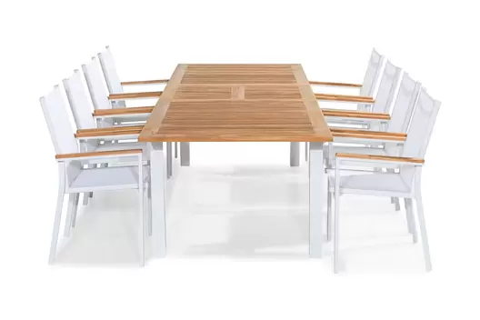 Matgrupp Utomhus Las Vegas 220-280x100 + 8 Stapelstolar, Teak/Vit
