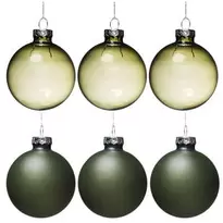 Julgranskulor, 6 st. fina gröna julkulor av glas Ø6 cm – 3 matta & 3 blanka